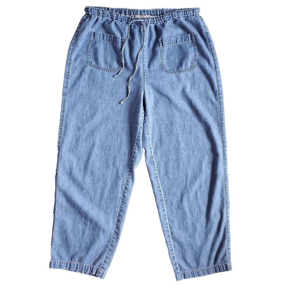 VTG Liz Claiborne Pull on Pants 14P Blue Chambray Cropped Drawstring 14 Petite